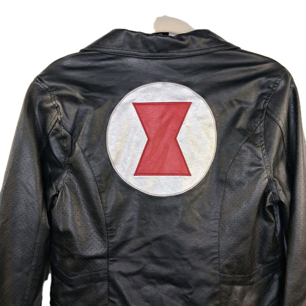 Marvel Black Widow Her Universe Moto Jacket Black Gold Faux Leather Ss L Junior - Picture 8 of 16